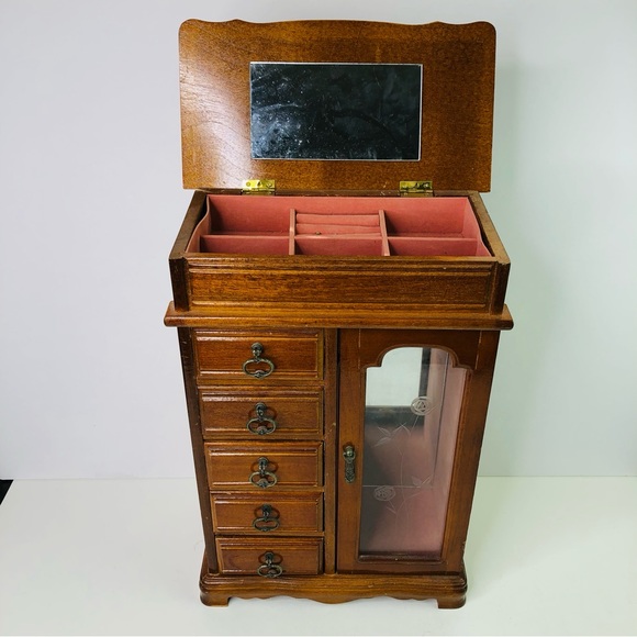 Vintage Wooden Treasure Chest Jewelry Storage Box Trinket Drawers Mirror Closet - Picture 1 of 11